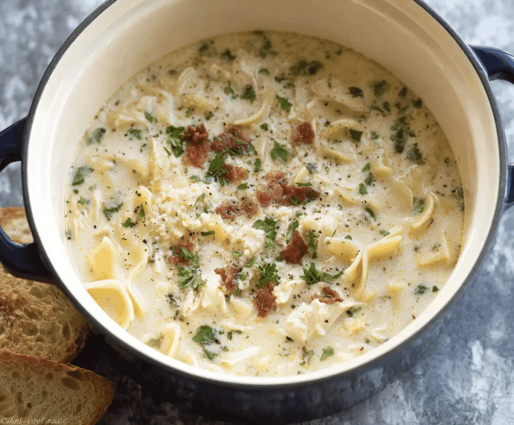 Creamy Slow Cooker White Lasagna Soup in a bowl with cheese, herbs, and pasta, ready to serve