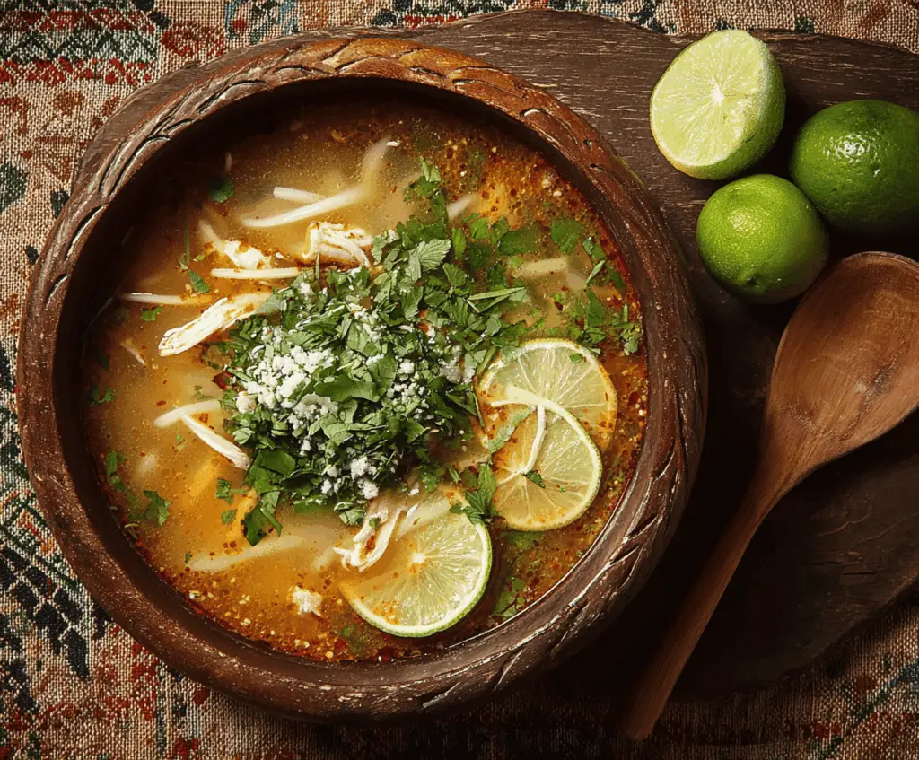 Refreshing Sopa de Lima bowl with lime wedges, fresh herbs, and tortilla strips, served in a traditional Mexican clay bowl