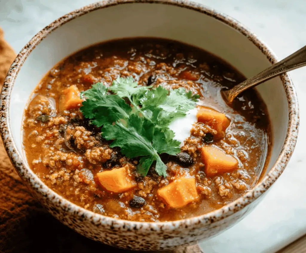 Hearty Sweet Potato Turkey Chili topped with fresh herbs in a bowl, featuring chunks of sweet potato, ground turkey, beans, and colorful vegetables for a nutritious, flavorful meal.