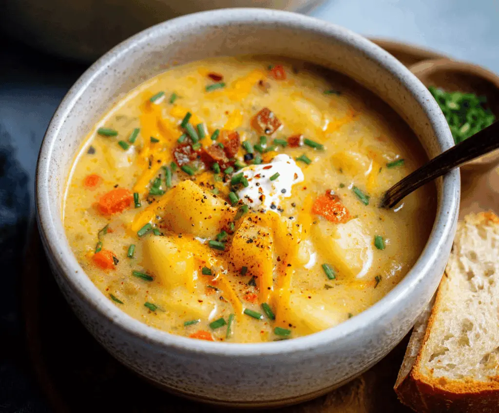 Creamy vegan potato soup served in a rustic bowl with fresh herbs and sliced green onions, perfect for a comforting plant-based meal.
