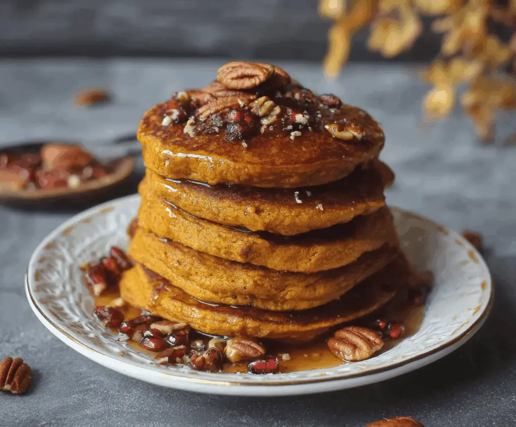 Delicious vegan pumpkin pancakes topped with maple syrup and cinnamon on a rustic plate, perfect for a cozy breakfast.