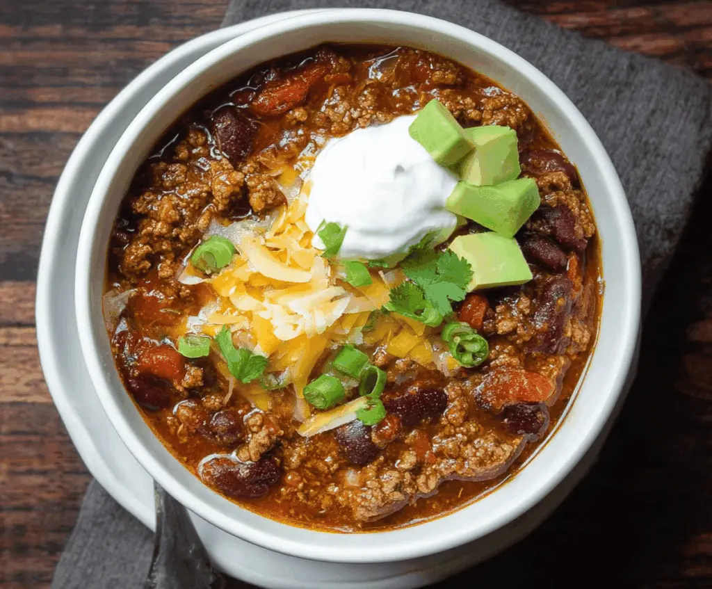 Hearty venison chili in a bowl topped with fresh herbs, featuring chunks of tender venison, beans, and spices for a flavorful, warming meal.