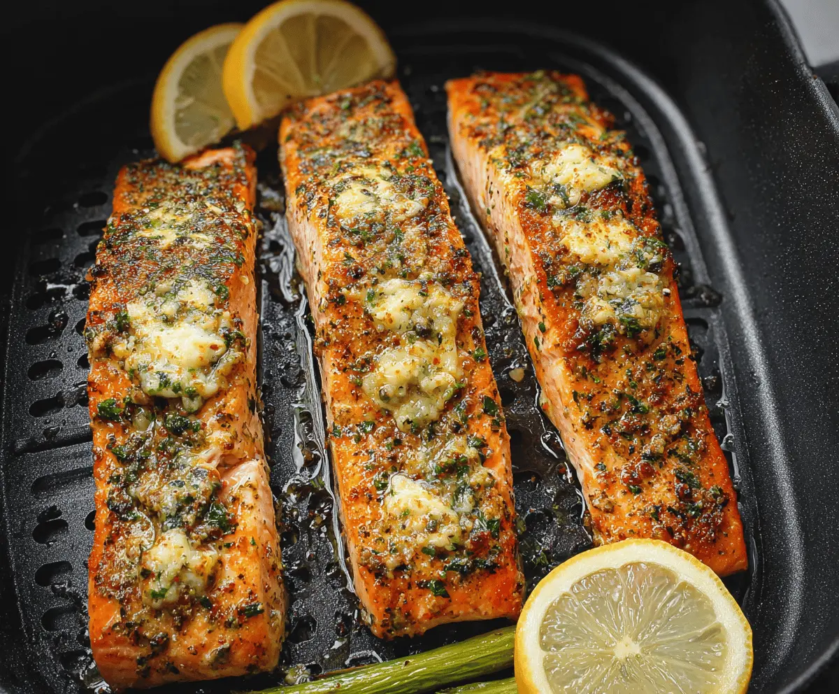 Delicious Air Fryer Garlic Butter Salmon fillet garnished with fresh herbs on a plate, perfect for a healthy dinner.