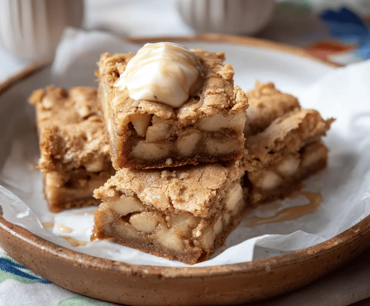 Delicious homemade apple brownies dessert with caramel drizzle and cinnamon topping on a rustic wooden table