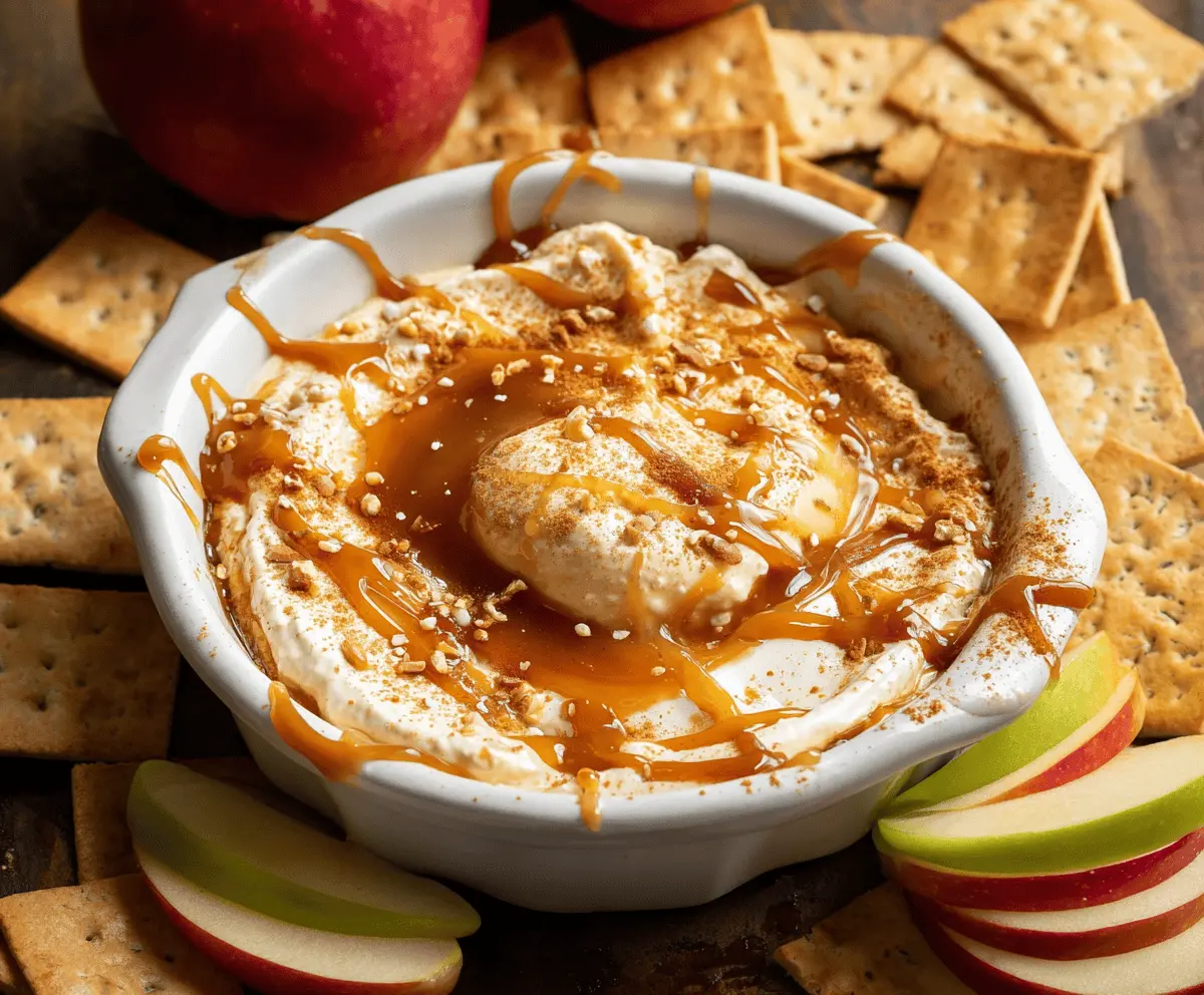 Creamy apple cheesecake dip topped with caramel drizzle, served with sliced apples for a delicious sweet treat