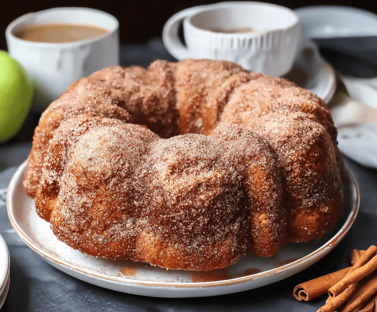 Delicious Apple Cider Donut Bundt Cake topped with cinnamon glaze and apple slices, perfect for fall desserts