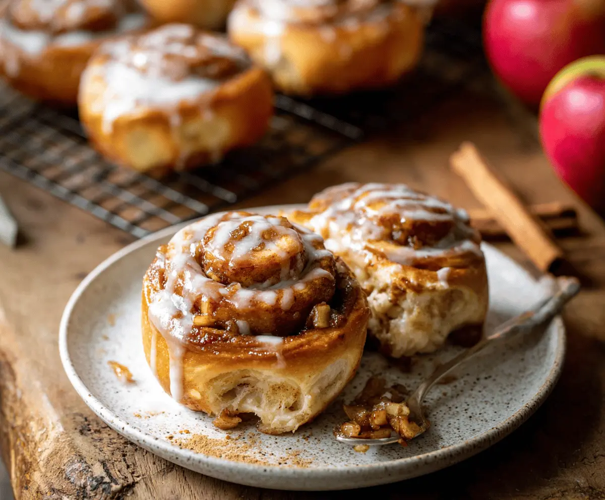 Delicious freshly baked apple cinnamon rolls with golden-brown tops, topped with cinnamon glaze and apple slices, ready to serve.
