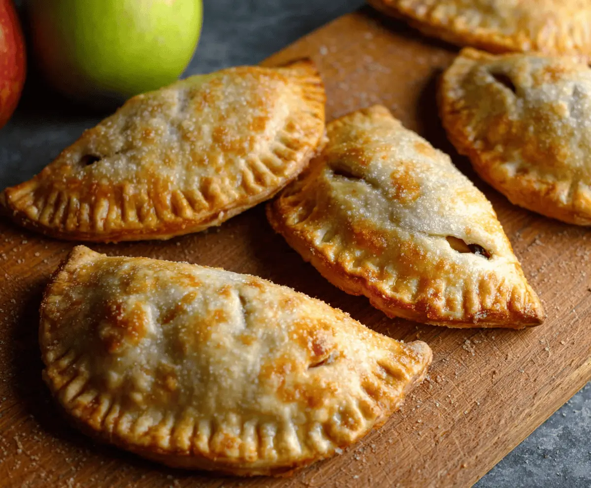 Delicious homemade apple hand pies with golden crust and cinnamon-spiced apple filling on a rustic wooden surface.
