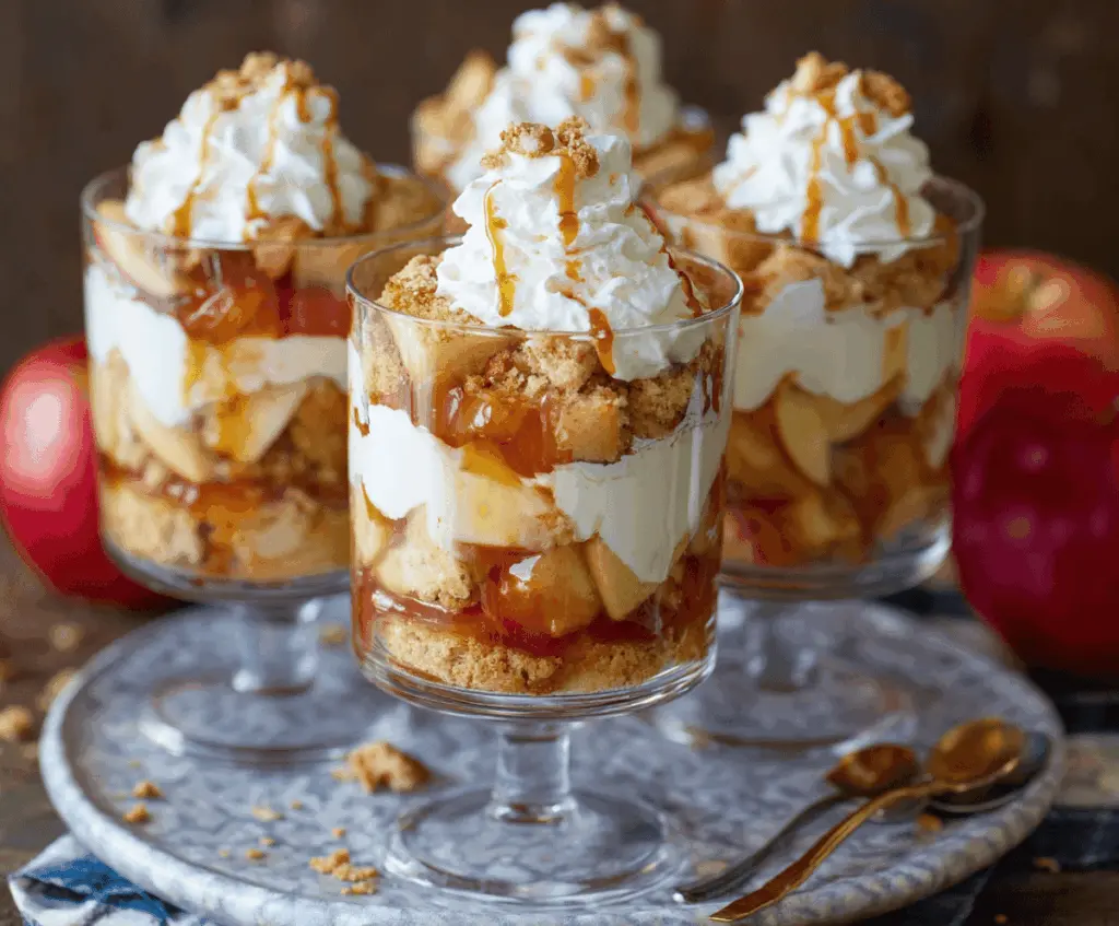 Delicious Apple Pie Trifle layered with fresh apples, vanilla pudding, and cinnamon cookie crumbles.