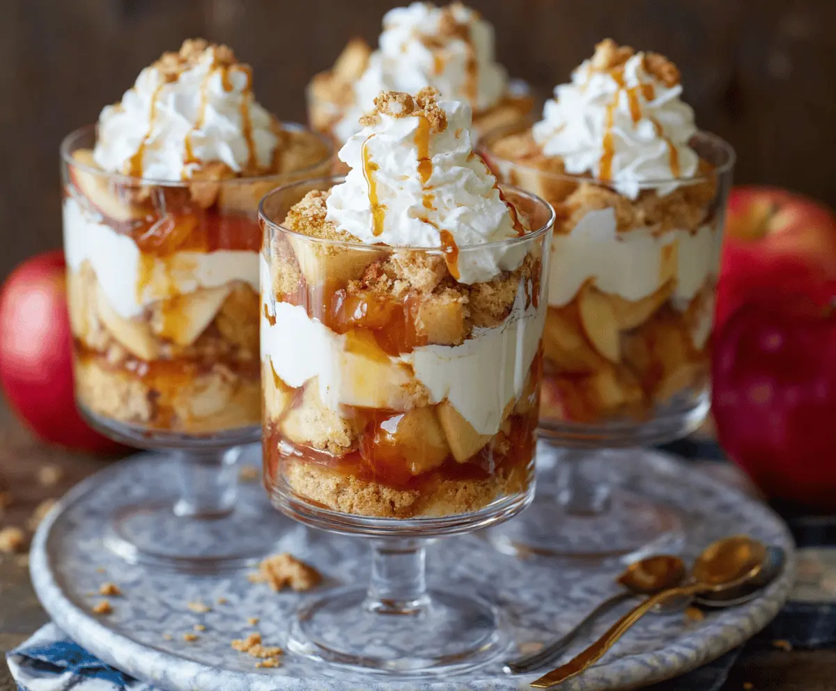 Delicious Apple Pie Trifle layered with fresh apples, vanilla pudding, and cinnamon cookie crumbles.