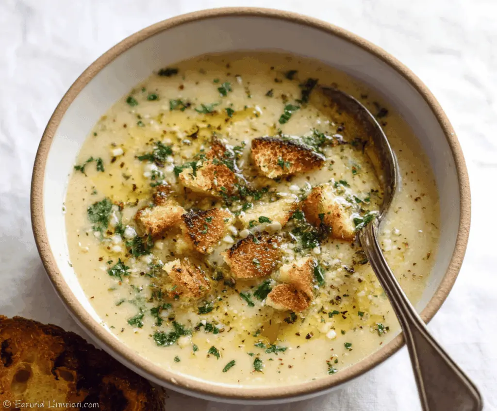 A steaming bowl of authentic Italian-style garlic soup garnished with fresh herbs, served with crusty bread on a rustic wooden table.