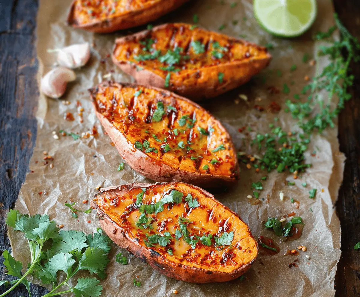 Golden baked honey chili sweet potato topped with fresh herbs and spices, showcasing a delicious and healthy vegan dish.