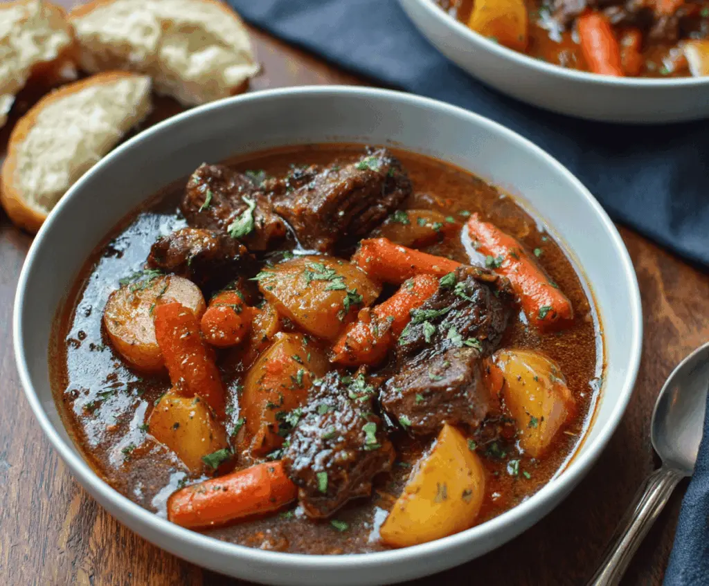 Hearty beef stew with tender carrots and potatoes in a flavorful broth, perfect for a comforting meal.