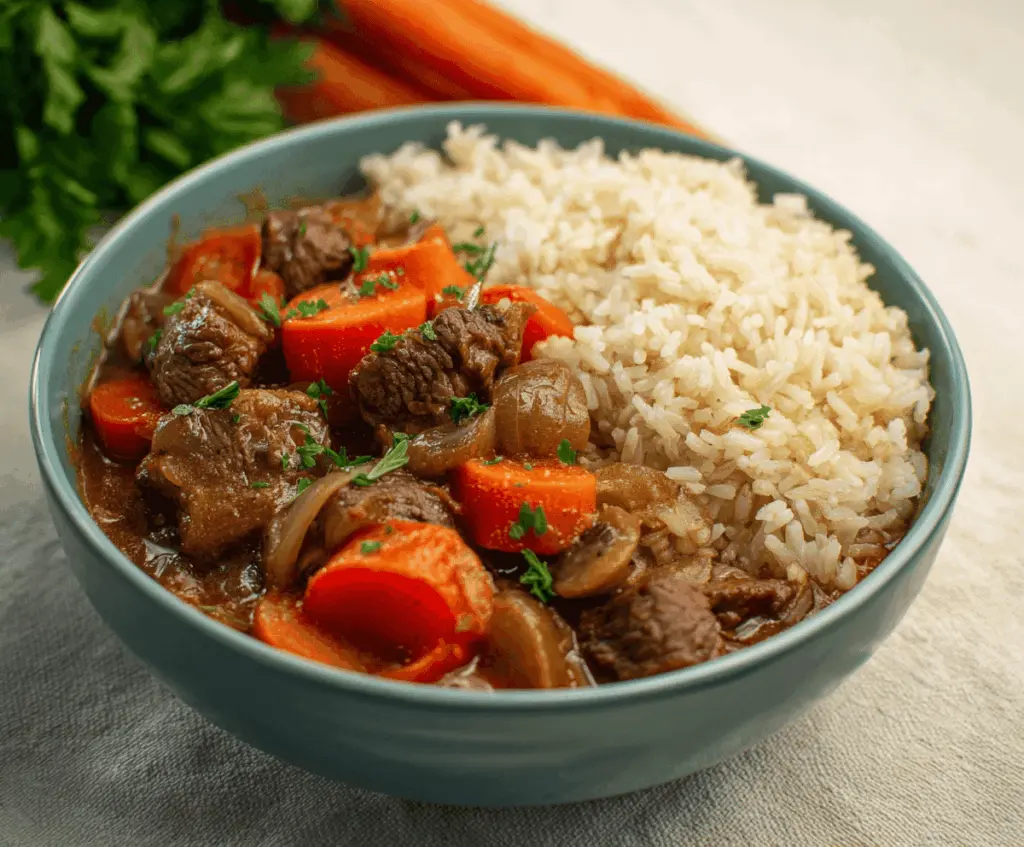 Hearty beef stew served over fluffy rice, featuring tender beef chunks, vegetables, and savory broth for a comforting meal.