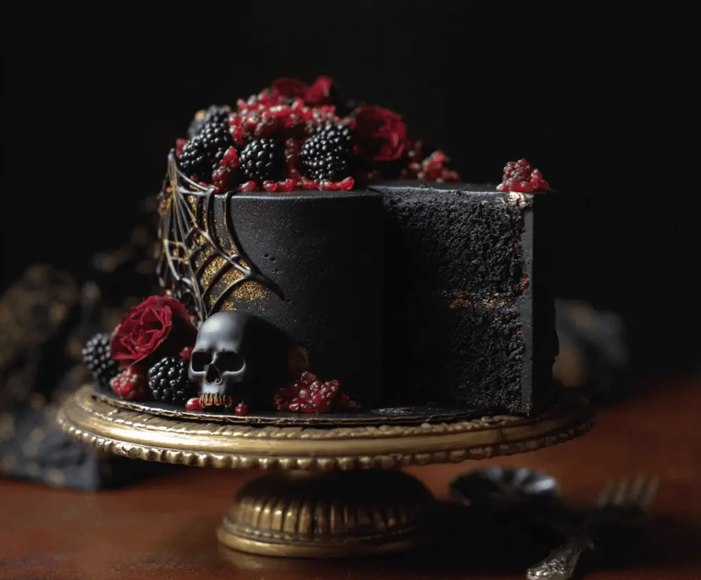 Delicious Black Velvet Halloween Cake with spooky decorations and creamy frosting for a festive celebration