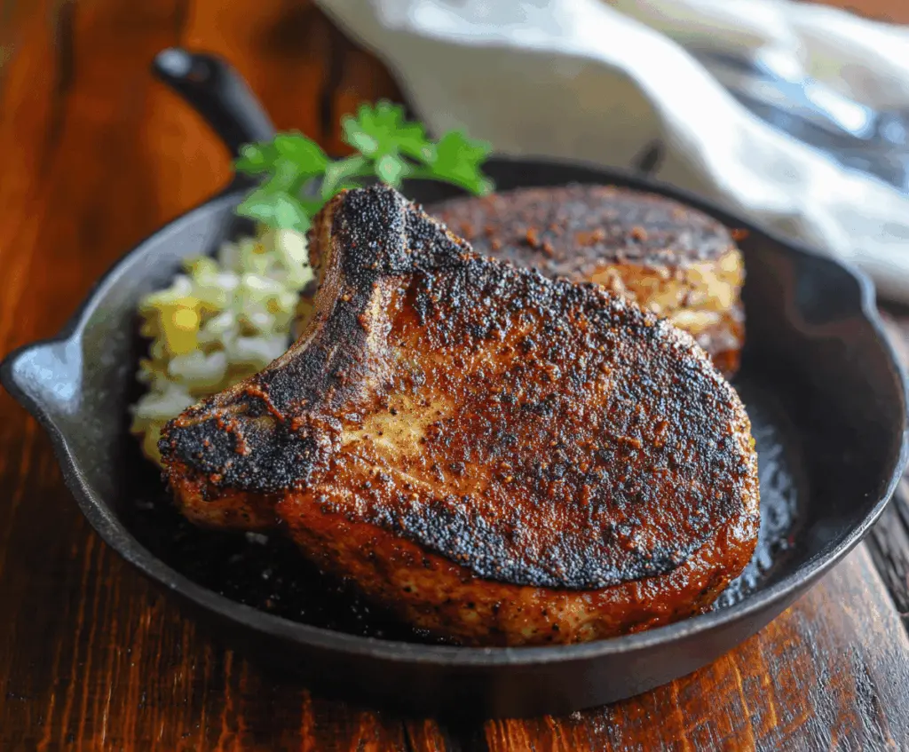 Juicy blackened pork chops seasoned with spices, grilled to perfection, served on a plate with side dishes, ready to enjoy