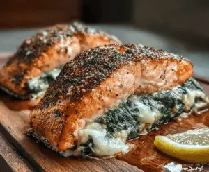 Blackened salmon fillet stuffed with fresh spinach and Parmesan cheese, served as a delicious and healthy seafood dish.