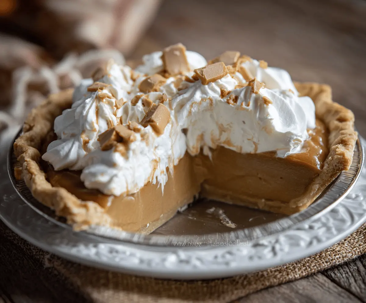 Delicious homemade butterscotch pie topped with whipped cream and caramel sauce, perfect for dessert lovers.