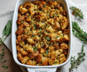 Delicious buttery Thanksgiving stuffing served in a bowl with herbs and crispy edges.