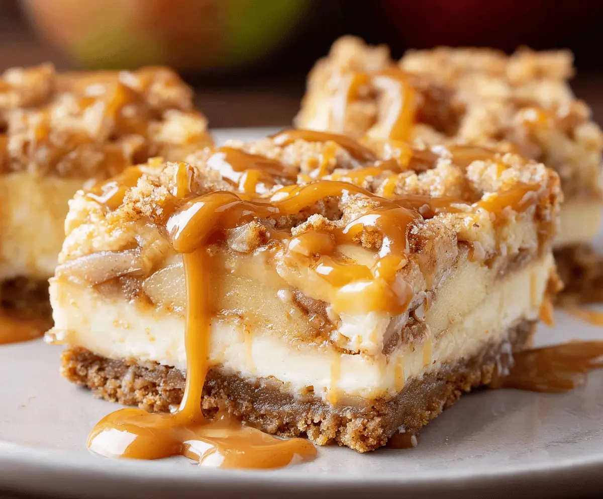 Delicious caramel apple cheesecake bars topped with caramel drizzle and apple slices on a serving platter