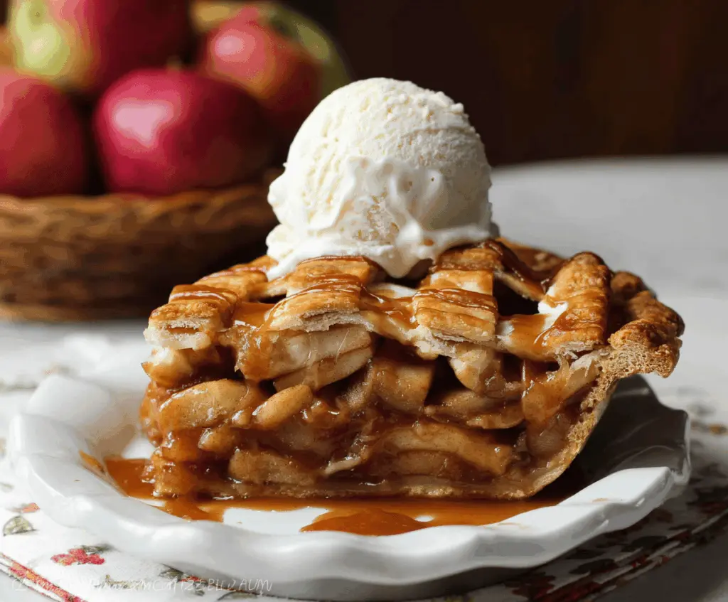 Delicious caramel apple pie topped with golden crust and caramel drizzle, ready to serve