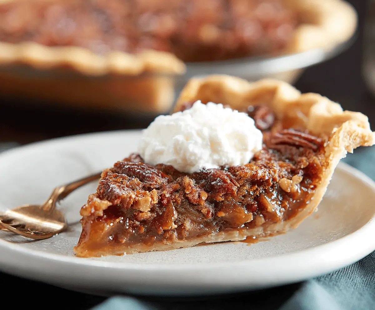Delicious caramel pecan pie topped with toasted pecans and a rich caramel glaze on a flaky pie crust, perfect for dessert.