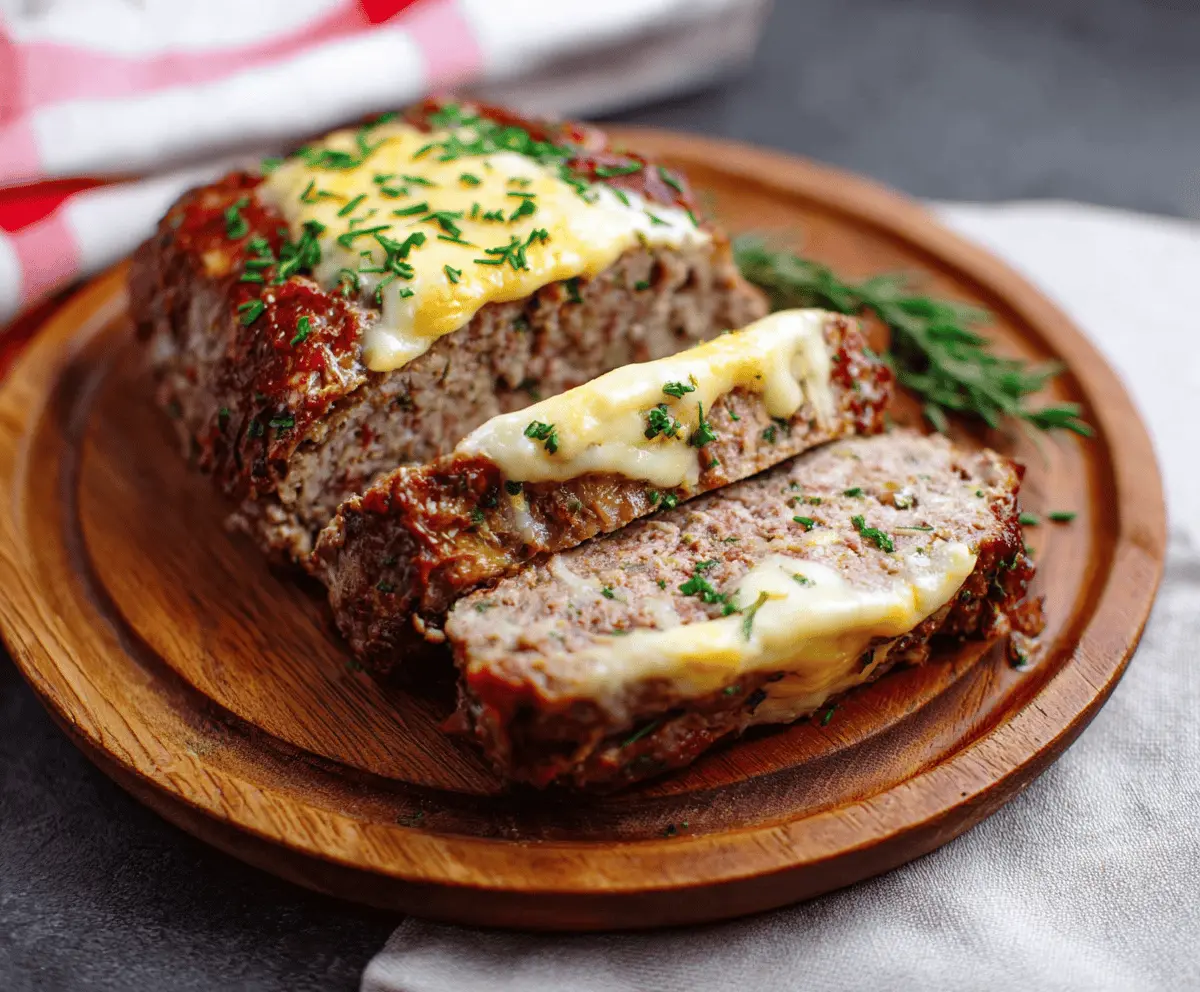 Delicious cheddar-stuffed meatloaf fresh out of the oven, with melted cheese inside.