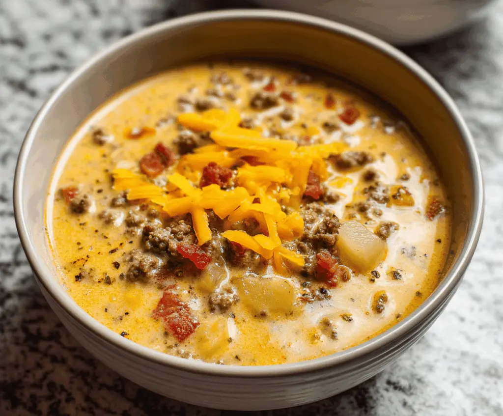 Creamy cheeseburger soup with ground beef, melted cheese, and fresh herbs in a bowl, served hot and ready to enjoy