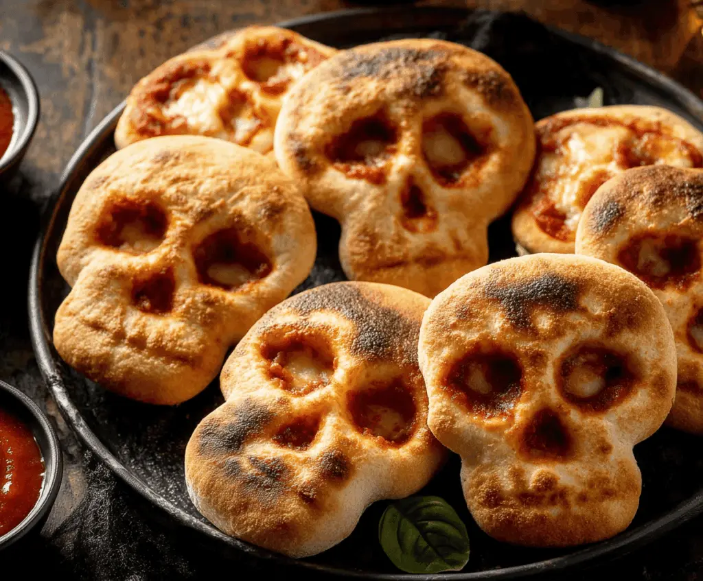 Delicious Cheesy Halloween Pizza Skulls topped with melted cheese and spooky decorations, perfect for Halloween party fun.