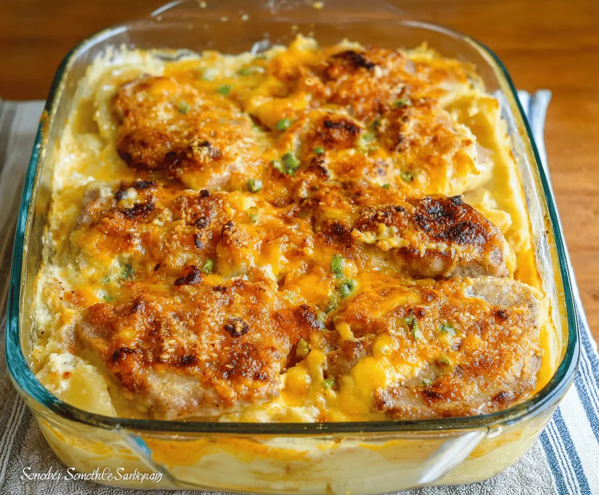 Delicious Cheesy Pork Chop Potato Casserole topped with melted cheese and fresh herbs, ready to serve