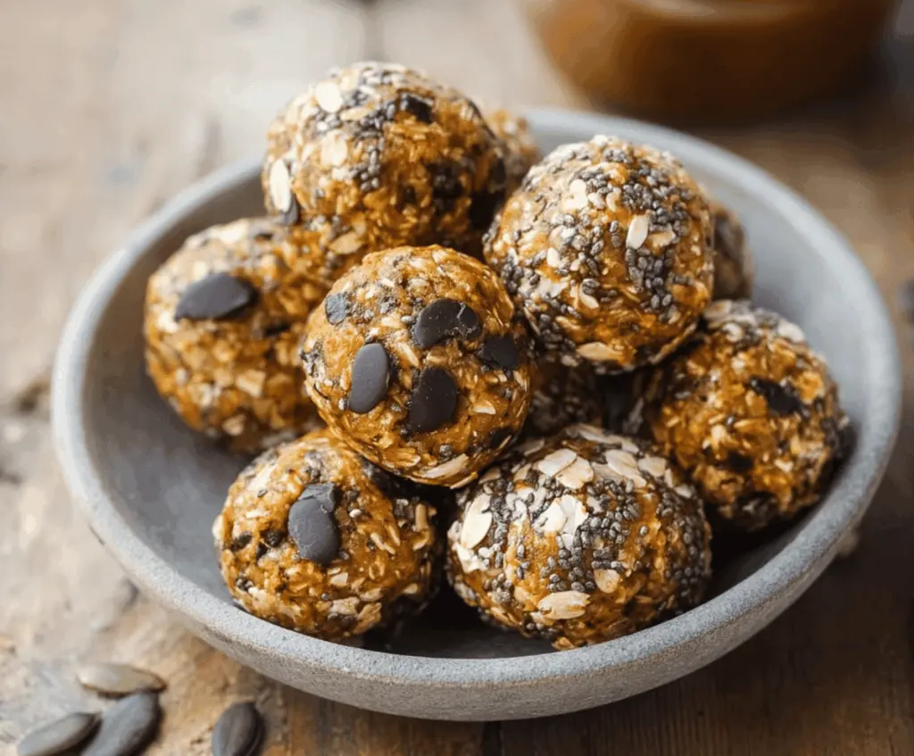 Healthy chia pumpkin protein balls on a white plate, featuring a blend of chia seeds, pumpkin, and protein ingredients for a nutritious snack.