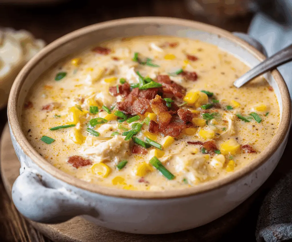 Creamy chicken and corn chowder in a bowl garnished with fresh herbs, served with crusty bread, perfect for a comforting meal.