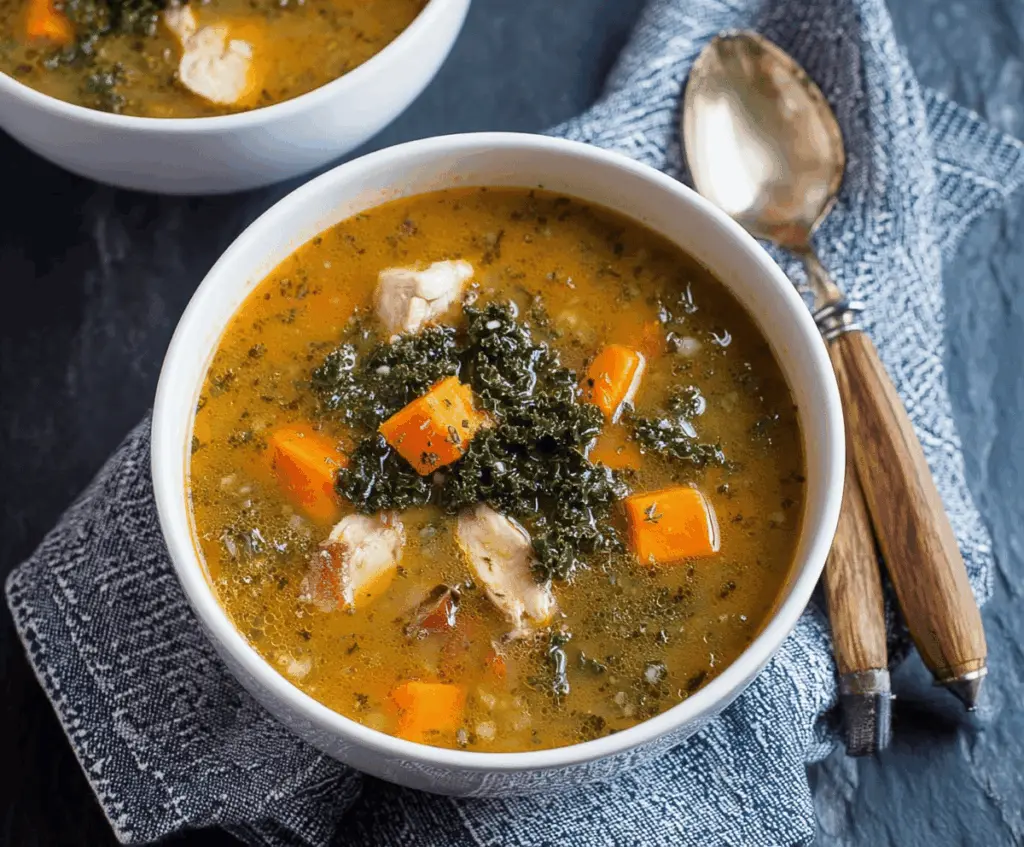 A steaming bowl of Chicken Sweet Potato Kale Soup garnished with fresh herbs, featuring chunks of chicken, tender sweet potatoes, and vibrant kale in a flavorful broth.