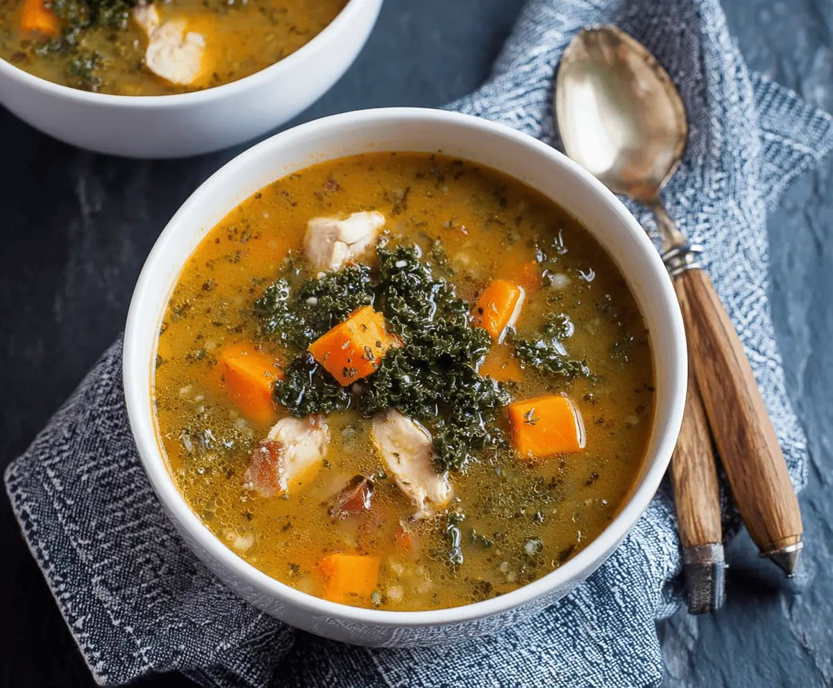 A steaming bowl of Chicken Sweet Potato Kale Soup garnished with fresh herbs, featuring chunks of chicken, tender sweet potatoes, and vibrant kale in a flavorful broth.