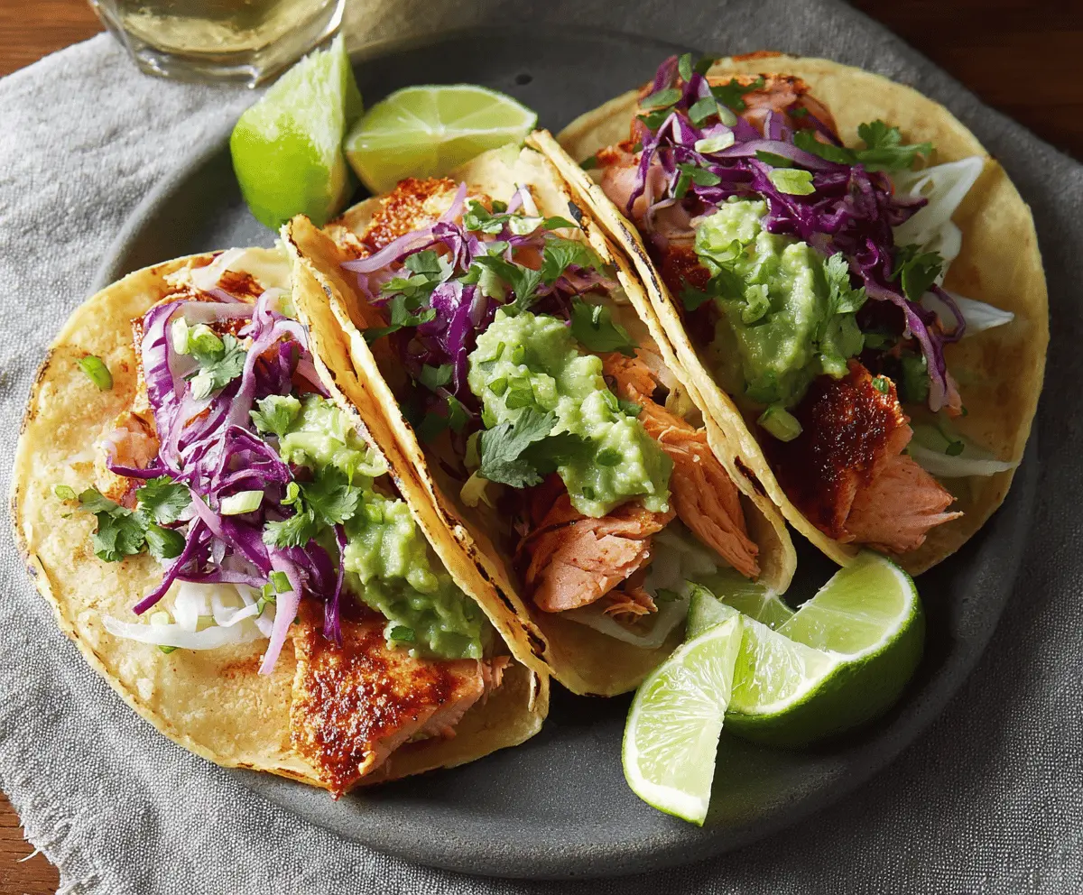 Fresh Chile Lime Salmon Tacos topped with cilantro, sliced radishes, and lime wedges on a colorful plate, perfect for a flavorful and healthy meal.