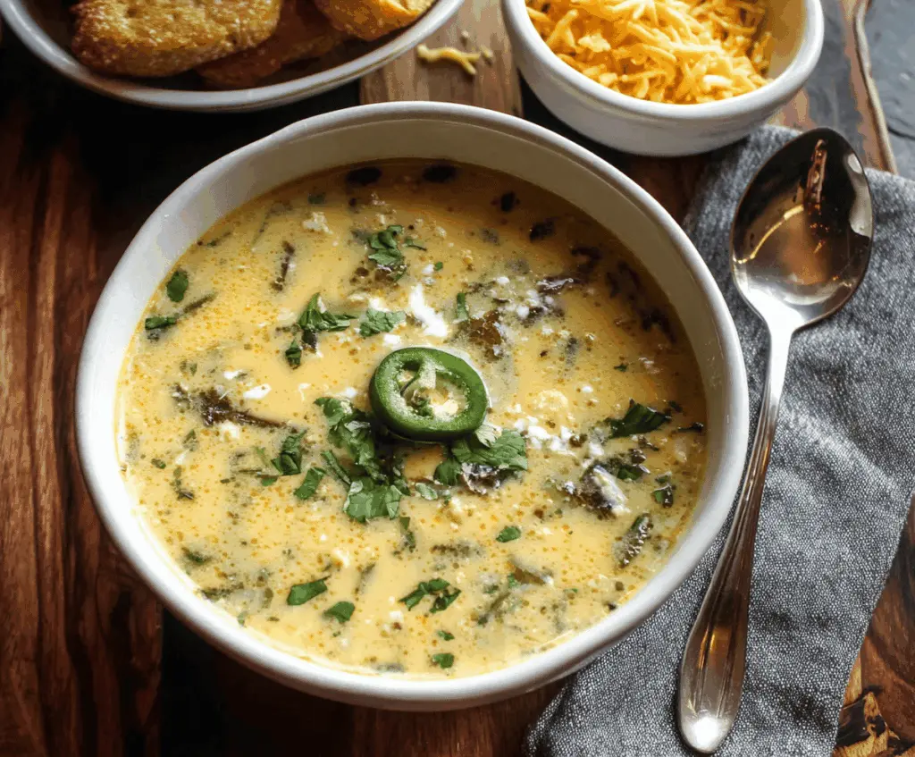 Creamy Chile Relleno Soup garnished with shredded cheese and fresh herbs in a white bowl, showcasing vibrant green and red chili peppers