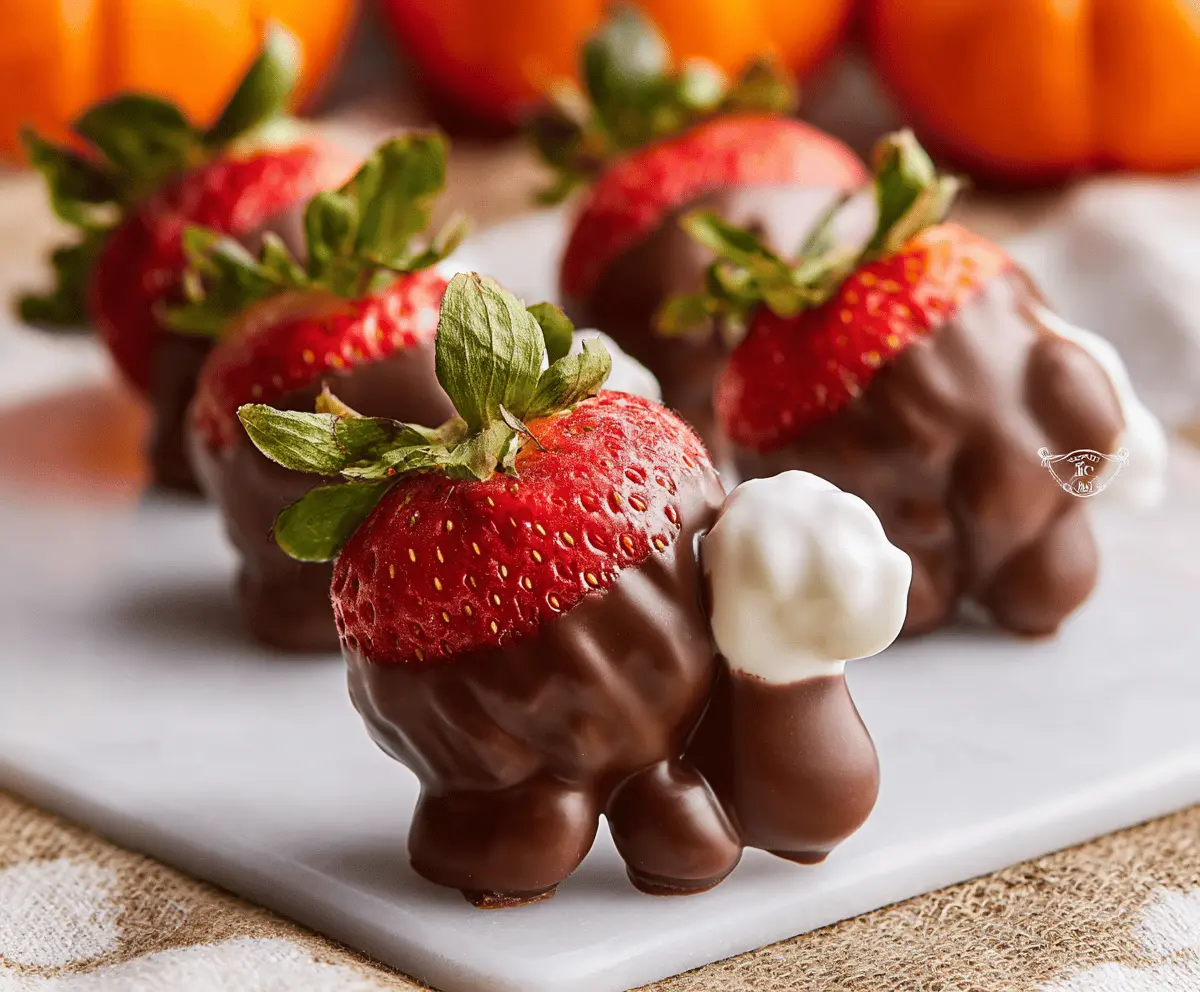 Delicious chocolate-covered strawberry turkeys decorated for Thanksgiving, featuring fresh strawberries dipped in chocolate with festive candy accents.