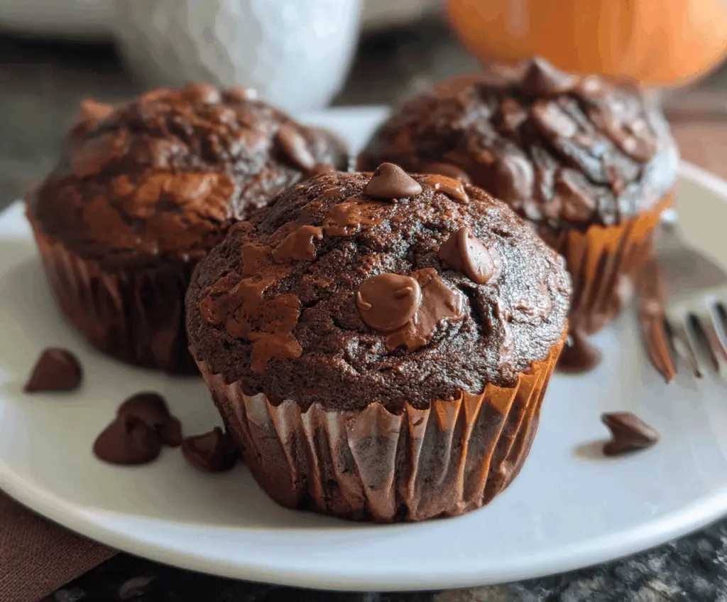 Delicious homemade chocolate pumpkin muffins topped with chocolate chips on a baking tray, perfect for fall desserts