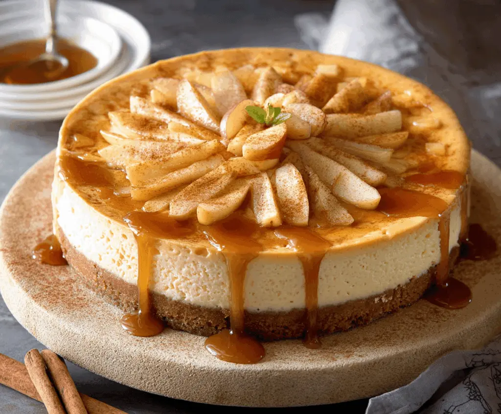 Delicious cinnamon apple cheesecake topped with caramel sauce and cinnamon sprinkled on a cheesecake slice with apple slices and cinnamon sticks