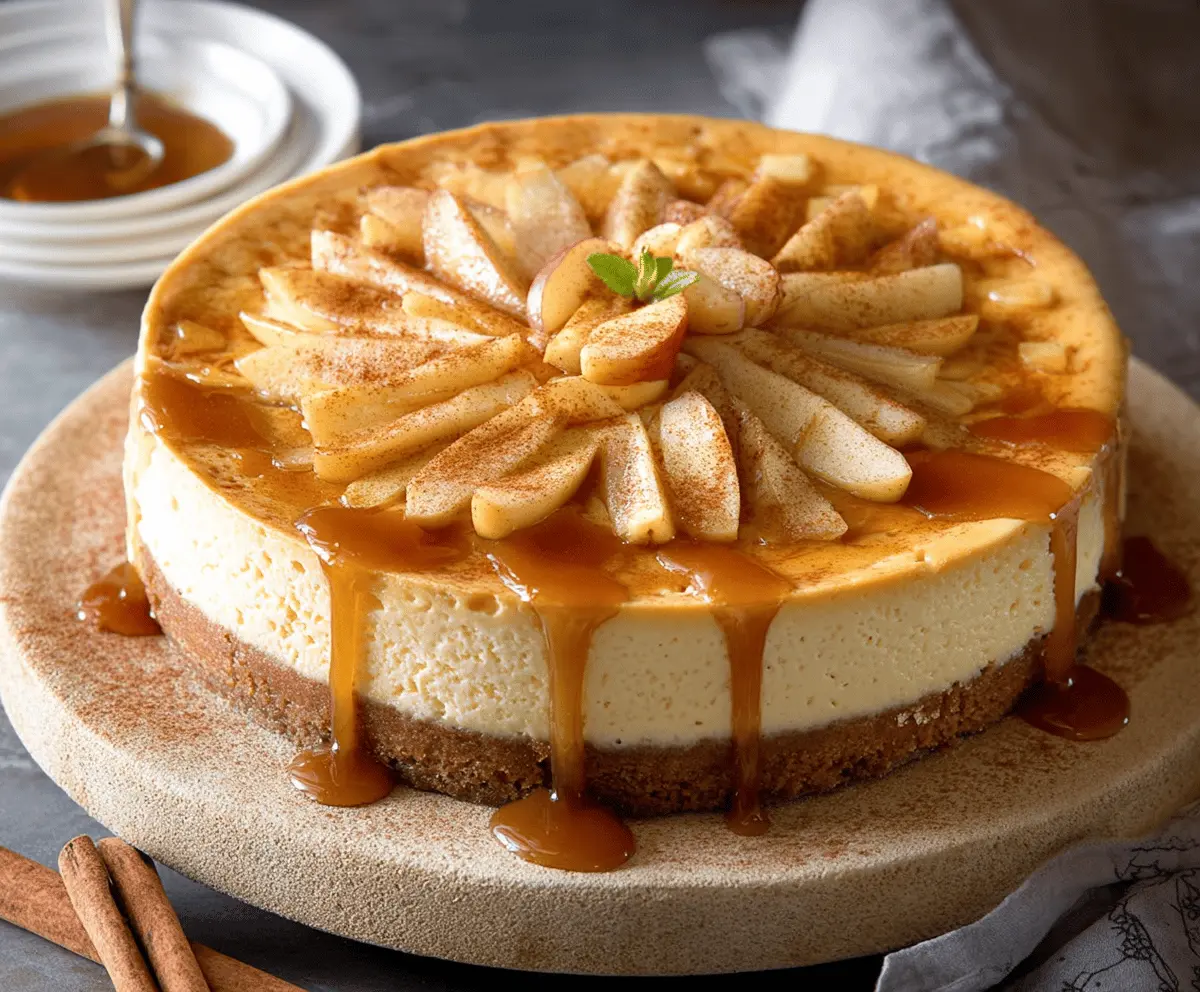 Delicious cinnamon apple cheesecake topped with caramel sauce and cinnamon sprinkled on a cheesecake slice with apple slices and cinnamon sticks