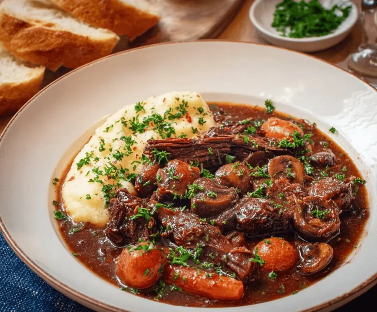 Savory bowl of Classic French Beef Bourguignon featuring tender beef chunks, vibrant vegetables, and rich red wine sauce garnished with fresh herbs