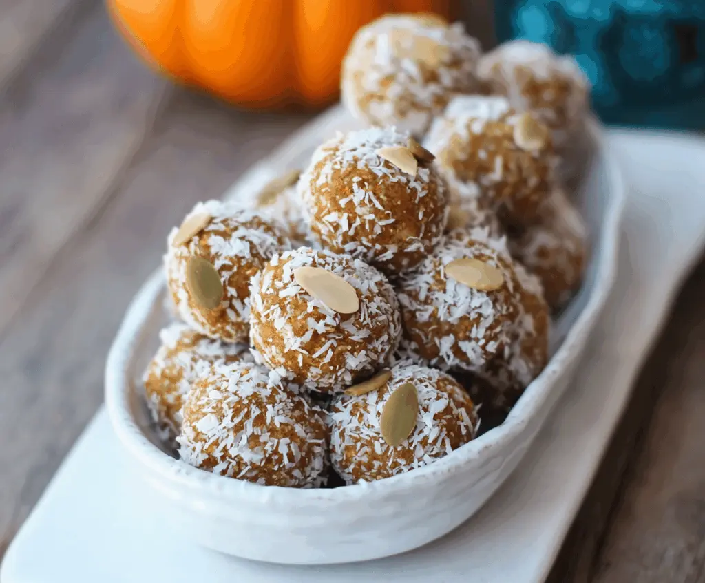 Healthy Coconut Pumpkin Protein Balls on a white plate, featuring a delicious blend of shredded coconut, pumpkin puree, and protein powder, perfect for a nutritious snack.