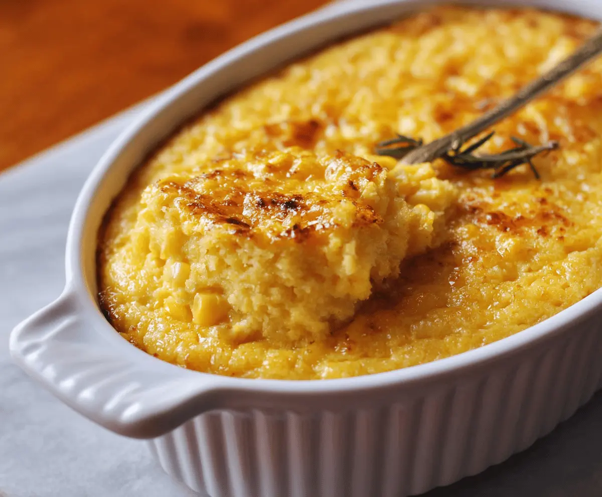Creamy, cheesy corn pudding served in a baking dish, topped with fresh herbs, perfect as a flavorful side dish for any meal.