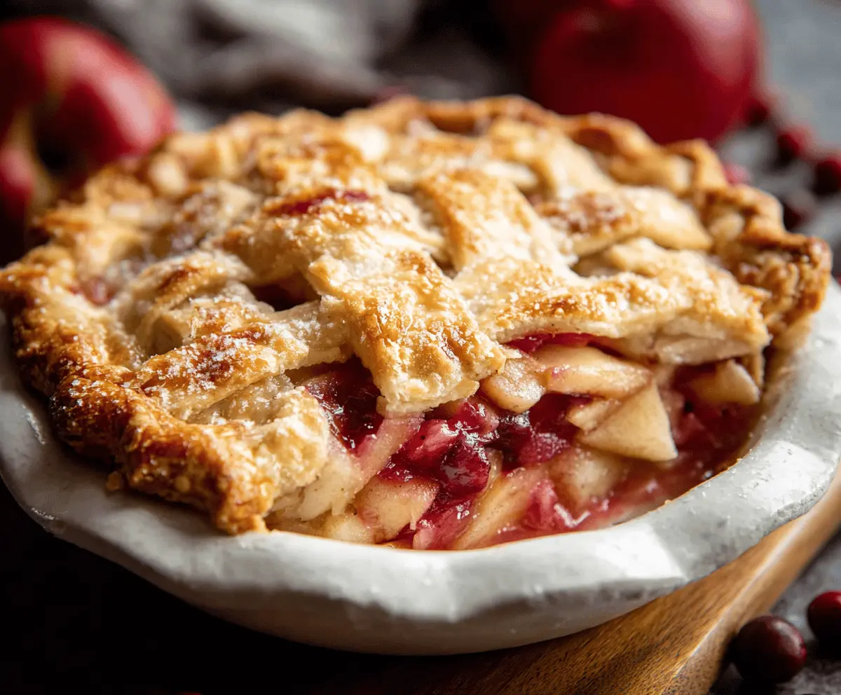 Freshly baked cranberry apple pie with golden crust and vibrant red cranberries and sliced apples inside
