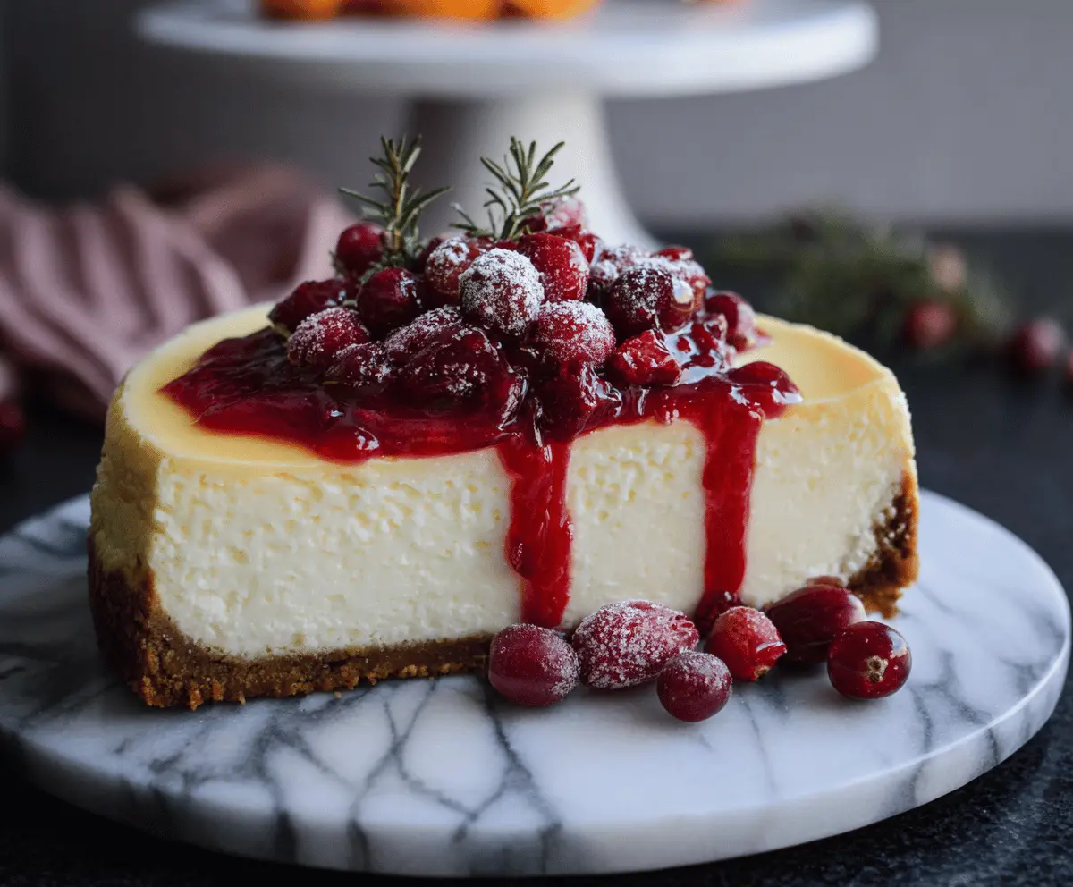 Creamy cranberry orange cheesecake topped with fresh cranberries and orange zest, served on a white plate for a delicious holiday dessert.