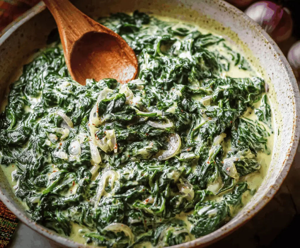Creamed spinach in a white bowl topped with grated Parmesan cheese, garnished with fresh herbs, served as a delicious side dish