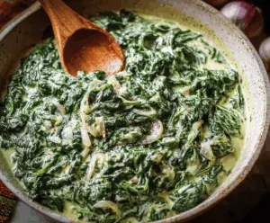 Creamed spinach in a white bowl topped with grated Parmesan cheese, garnished with fresh herbs, served as a delicious side dish