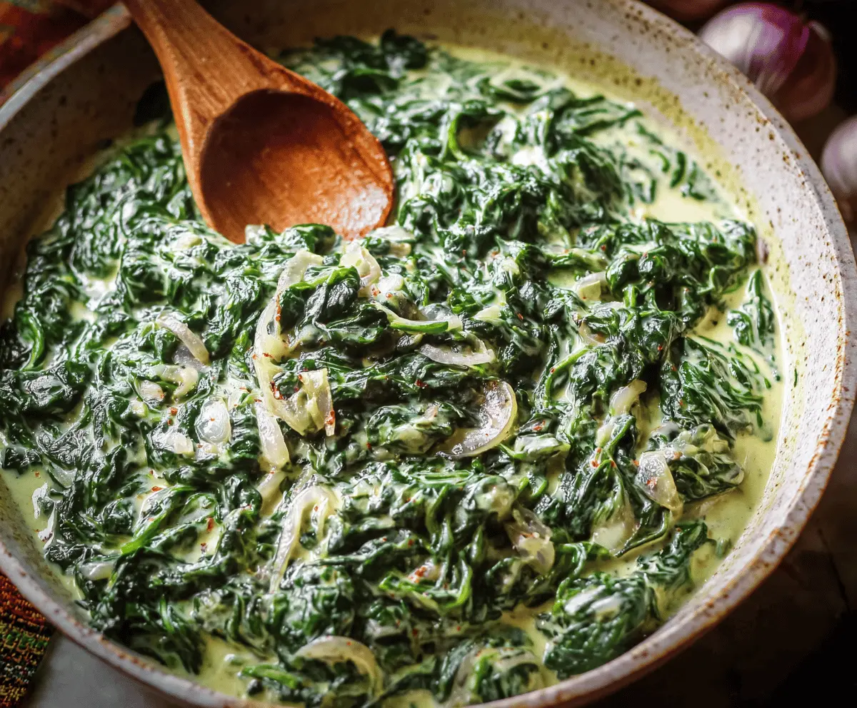 Creamed spinach in a white bowl topped with grated Parmesan cheese, garnished with fresh herbs, served as a delicious side dish