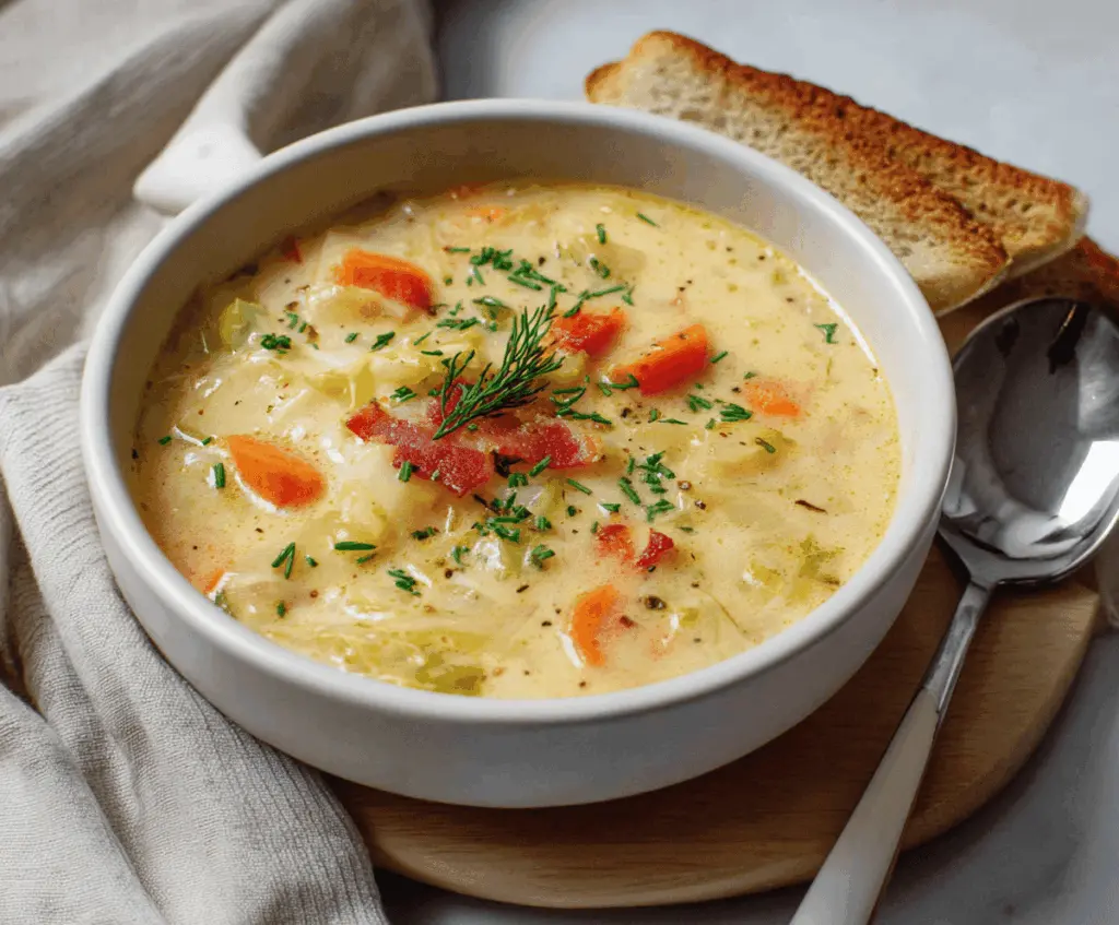 Creamy cabbage soup served in a bowl with fresh herbs, showcasing a warm and hearty vegetable soup ready to enjoy