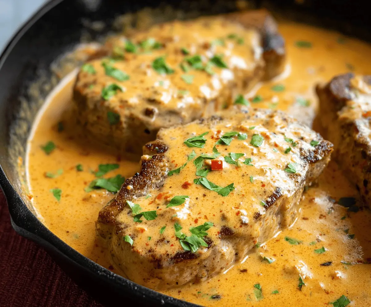Creamy Cajun Pork Chops served with flavorful sauce and fresh herbs on a rustic plate